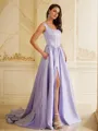 A-line Straps Balanced Sleeveless Sweep Train Satin Prom Dresses