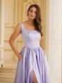 A-line Straps Balanced Sleeveless Sweep Train Satin Prom Dresses