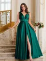 A-line V-Neck Dazzling Sleeveless Floor-Length Silk like Satin Prom Dresses