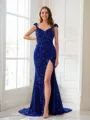 Sheath/Column V-Neck Shimmery Sleeveless Court Train Velvet Sequins Prom Dresses