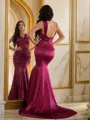 Sheath/Column Halter Sleeveless Sweep Train Silk like Satin Confident Prom Dresses