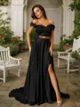 A-line Off-the-Shoulder Elegant Sleeveless Sweep Train Silk like Satin Prom Dresses