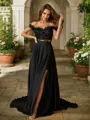 A-line Off-the-Shoulder Elegant Sleeveless Sweep Train Silk like Satin Prom Dresses