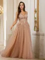 A-line V-Neck Unique Sleeveless Floor-Length Tulle Prom Dresses