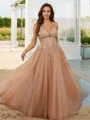 A-line V-Neck Unique Sleeveless Floor-Length Tulle Prom Dresses