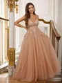 A-line V-Neck Unique Sleeveless Floor-Length Tulle Prom Dresses