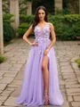 A-line V-Neck Flattering Sleeveless Floor-Length Tulle Prom Dresses
