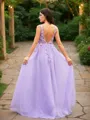 A-line V-Neck Flattering Sleeveless Floor-Length Tulle Prom Dresses