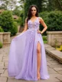 A-line V-Neck Flattering Sleeveless Floor-Length Tulle Prom Dresses