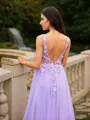 A-line V-Neck Flattering Sleeveless Floor-Length Tulle Prom Dresses