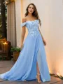 A-line Off-the-Shoulder Beautiful Sleeveless Sweep Train Chiffon Prom Dresses