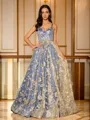 A-line V-Neck Stunning Sleeveless Court Train Satin Prom Dresses