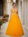A-line V-Neck Chic Sleeveless Floor-Length Tulle Prom Dresses