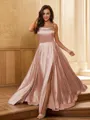 A-line Spaghetti Straps Fashion Sleeveless Sweep Train Silk like Satin Prom Dresses