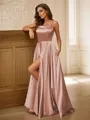 A-line Spaghetti Straps Fashion Sleeveless Sweep Train Silk like Satin Prom Dresses
