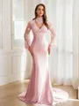 Sheath/Column High Neck Figure-hugging Long Sleeves Sweep Train Silk like Satin Prom Dresses