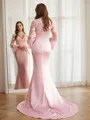 Sheath/Column High Neck Figure-hugging Long Sleeves Sweep Train Silk like Satin Prom Dresses