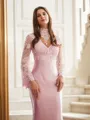 Sheath/Column High Neck Figure-hugging Long Sleeves Sweep Train Silk like Satin Prom Dresses