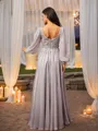 A-line V-Neck Subtle Long Sleeves Floor-Length 30D Chiffon Prom Dresses