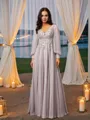 A-line V-Neck Subtle Long Sleeves Floor-Length 30D Chiffon Prom Dresses