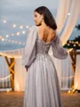 A-line V-Neck Subtle Long Sleeves Floor-Length 30D Chiffon Prom Dresses