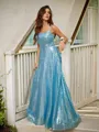 Bedazzling A-line Spaghetti Straps Sleeveless Sweep Train Sequins Prom Dresses