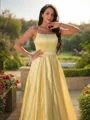 A-line Spaghetti Straps Sleeveless Sweep Train Refined Satin Prom Dresses
