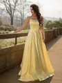 A-line Spaghetti Straps Sleeveless Sweep Train Refined Satin Prom Dresses