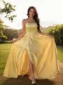 A-line Spaghetti Straps Sleeveless Sweep Train Refined Satin Prom Dresses