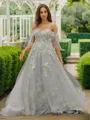 A-line Sweetheart Subtle Short Sleeves Sweep Train Tulle Prom Dresses