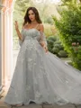 A-line Sweetheart Subtle Short Sleeves Sweep Train Tulle Prom Dresses