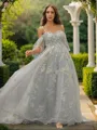 A-line Sweetheart Subtle Short Sleeves Sweep Train Tulle Prom Dresses