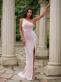 Sheath/Column One-Shoulder Sparkly Sleeveless Sweep Train Velvet Sequins Prom Dresses