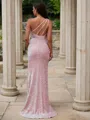 Sheath/Column One-Shoulder Sparkly Sleeveless Sweep Train Velvet Sequins Prom Dresses