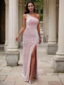 Sheath/Column One-Shoulder Sparkly Sleeveless Sweep Train Velvet Sequins Prom Dresses