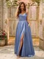 A-line V-Neck Sleeveless Floor-Length Glam Silk like Satin Prom Dresses