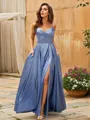 A-line V-Neck Sleeveless Floor-Length Glam Silk like Satin Prom Dresses