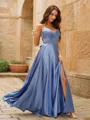 A-line V-Neck Sleeveless Floor-Length Glam Silk like Satin Prom Dresses