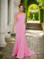 Sheath/Column One-Shoulder Glimmering Sleeveless Sweep Train Velvet Sequins Prom Dresses