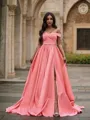 A-line Off-the-Shoulder Sleeveless Court Train Chic Satin Prom Dresses