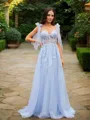 A-line Straps Charming Sleeveless Sweep Train Tulle Prom Dresses