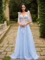 A-line Straps Charming Sleeveless Sweep Train Tulle Prom Dresses