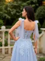 A-line Straps Charming Sleeveless Sweep Train Tulle Prom Dresses