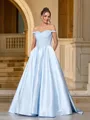 Ball Gown Off-the-Shoulder Flowy Sleeveless Sweep Train Satin Prom Dresses