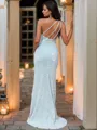 Sheath/Column One-Shoulder Glitter Sleeveless Sweep Train Velvet Sequins Prom Dresses