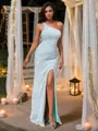 Sheath/Column One-Shoulder Glitter Sleeveless Sweep Train Velvet Sequins Prom Dresses
