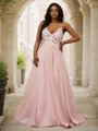 Dazzling A-line V-Neck Sleeveless Sweep Train Tulle Prom Dresses