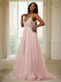 Dazzling A-line V-Neck Sleeveless Sweep Train Tulle Prom Dresses