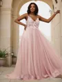 Dazzling A-line V-Neck Sleeveless Sweep Train Tulle Prom Dresses
