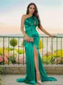 Sheath/Column One-Shoulder Sleeveless Sweep Train Silk like Satin Body-revealing Prom Dresses